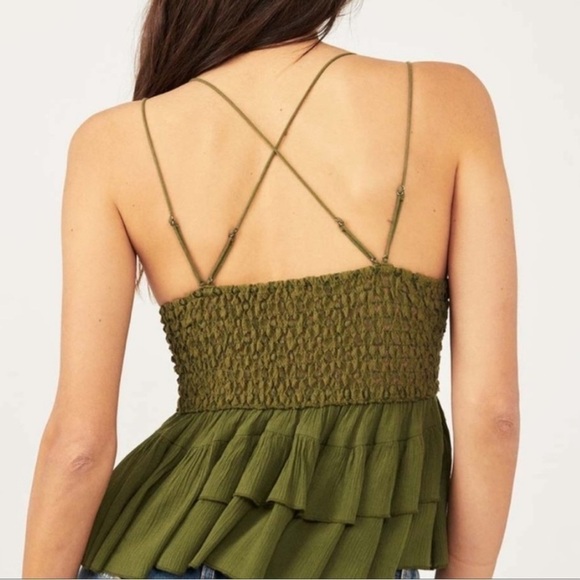Free People | NWT Green Adella Lace Smocked Cami Top Olive Sparrow L - Picture 6 of 6